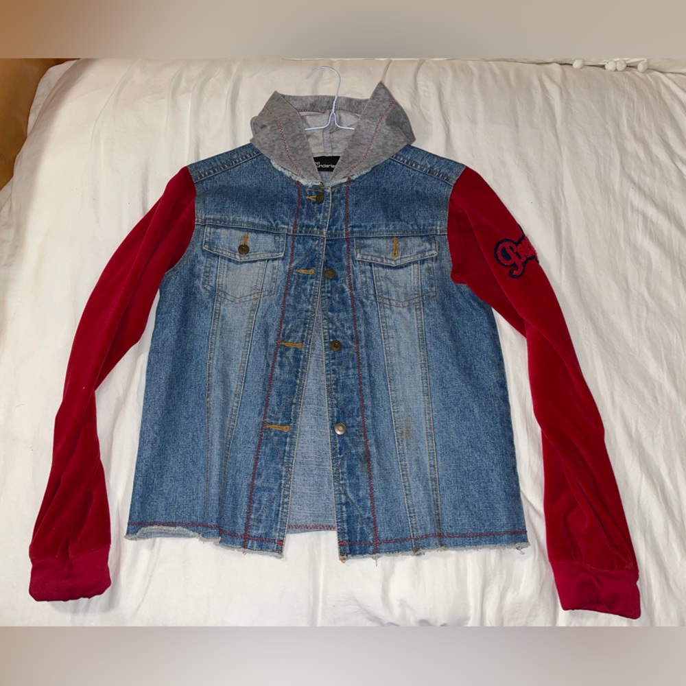 90’s Jean Jacket 14/16 VELOUR SLEEVES + HOOD